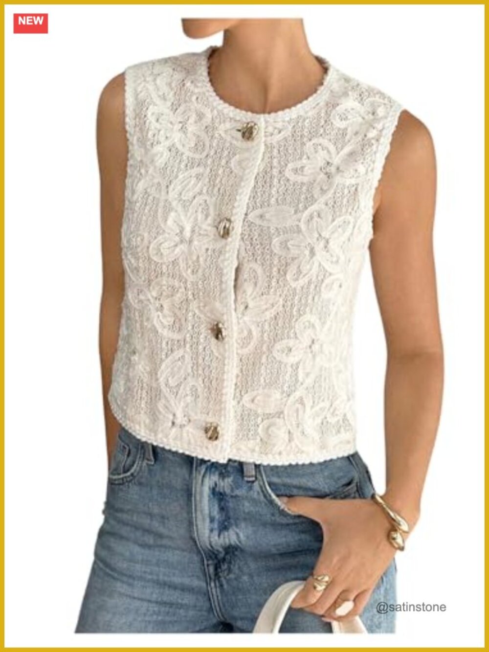 Floral Jacquard Button Front Sweater Vest Sleeveless Crochet Texture